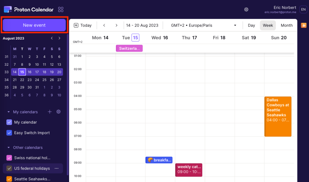 New event button in Proton Calendar