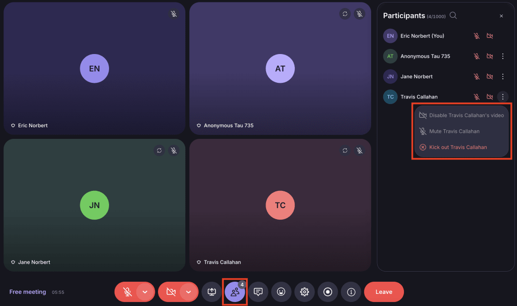 As the host in a Proton Meet call, you can disable video, audio, or remove a participant