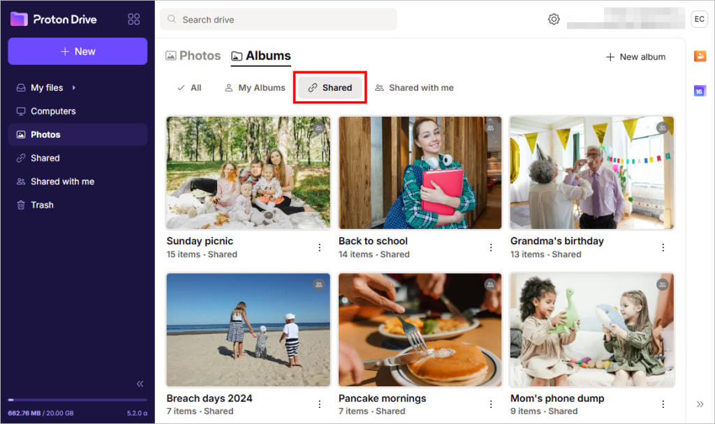 The Proton Drive web app shows how to access shared albums
