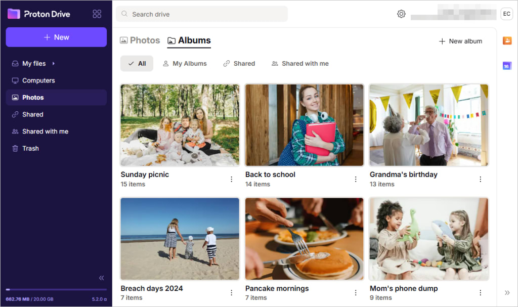 The Proton Drive web app shows how to access albums
