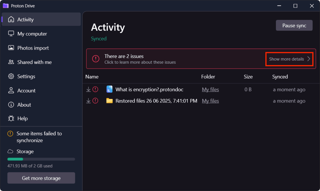 The Proton Drive Windows app shows sync issues in the Activity tab