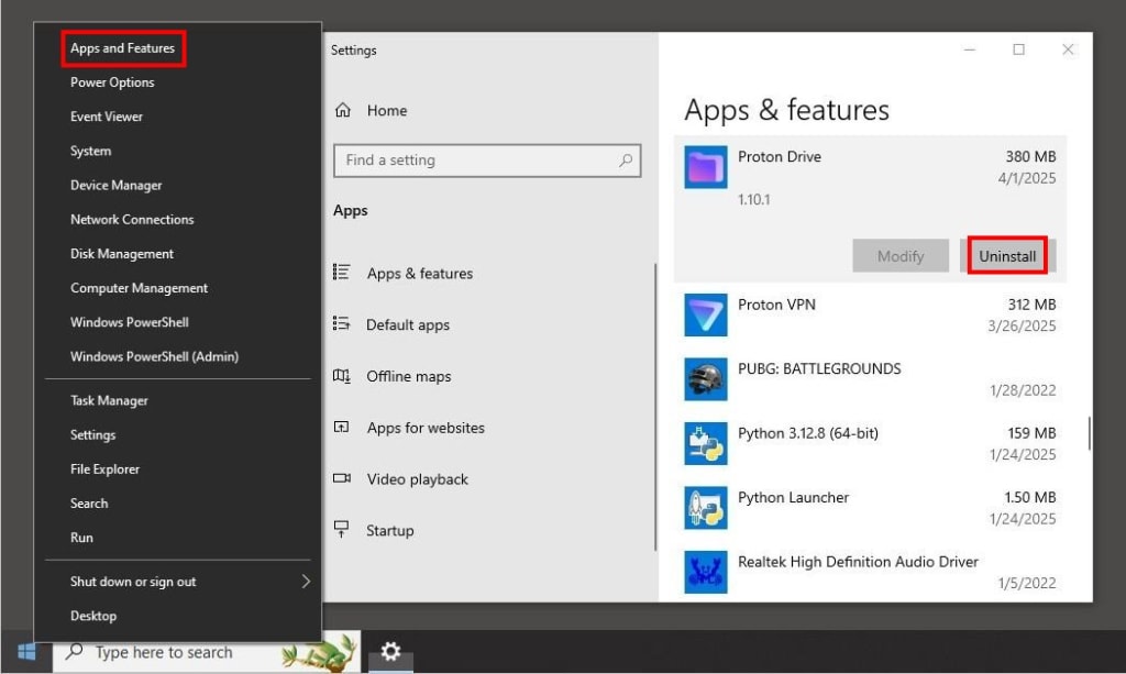 The Apps and Features option is highlighted in the right-click menu of the Windows Start button, along with the Uninstall button for Proton Drive