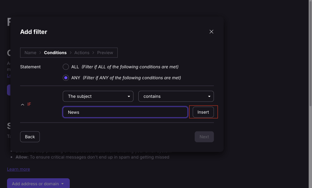email filters insert