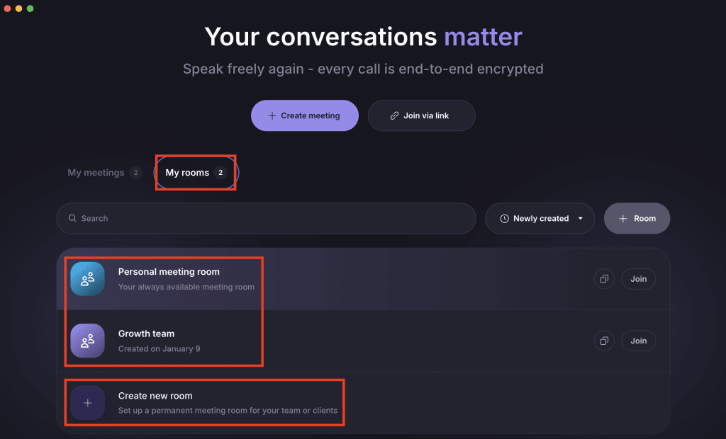 View and manage rooms in the Proton Meet desktop app