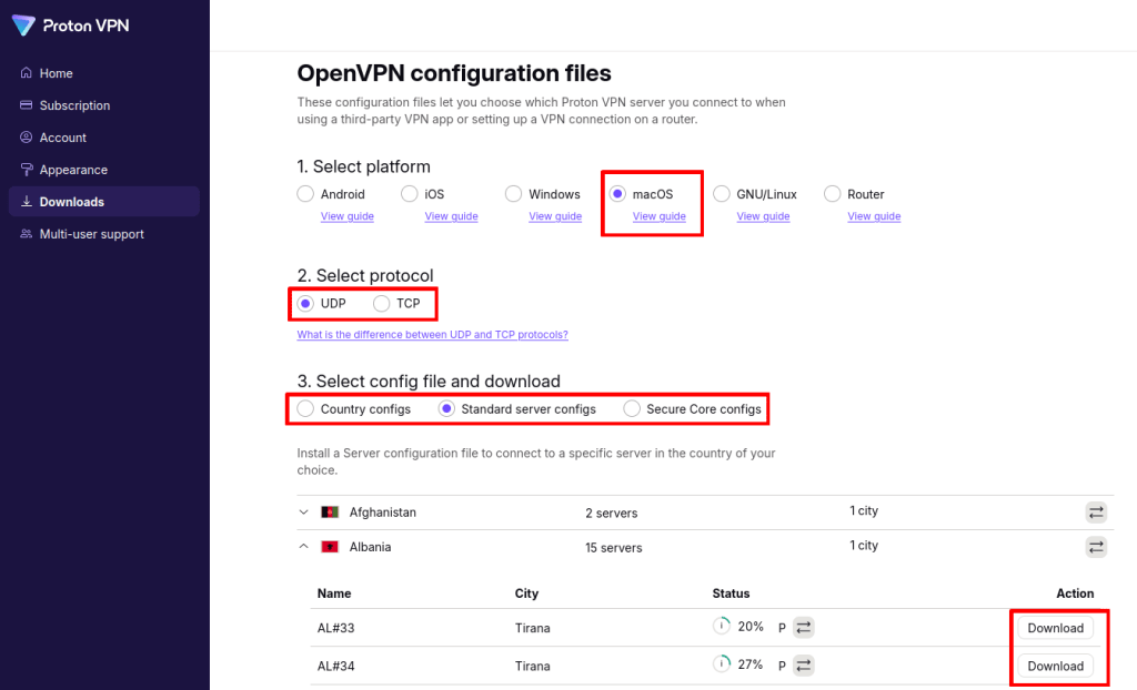 Download an OpenVPN config file