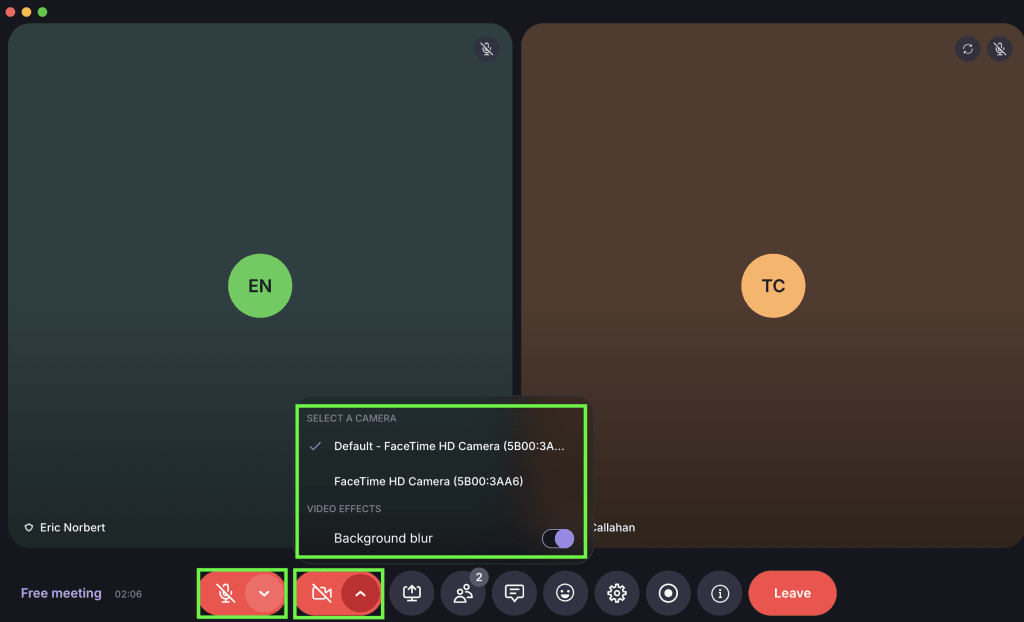 Change your camera and microphone settings during a meeting using the Proton Meet desktop app