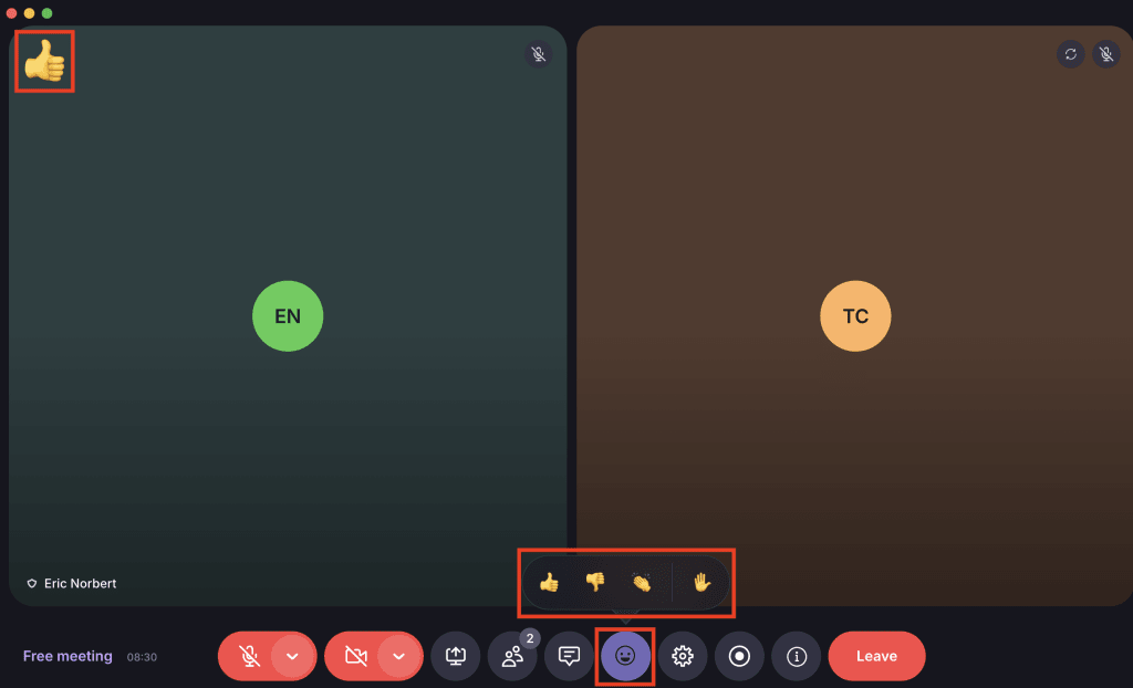 You can react with emojis in the Proton Meet desktop or web app