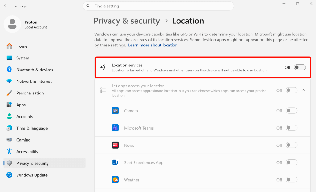 Turn off location services on Windows
