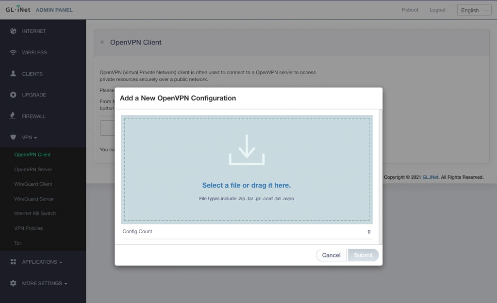 Drag and drop the OpenVPN config file