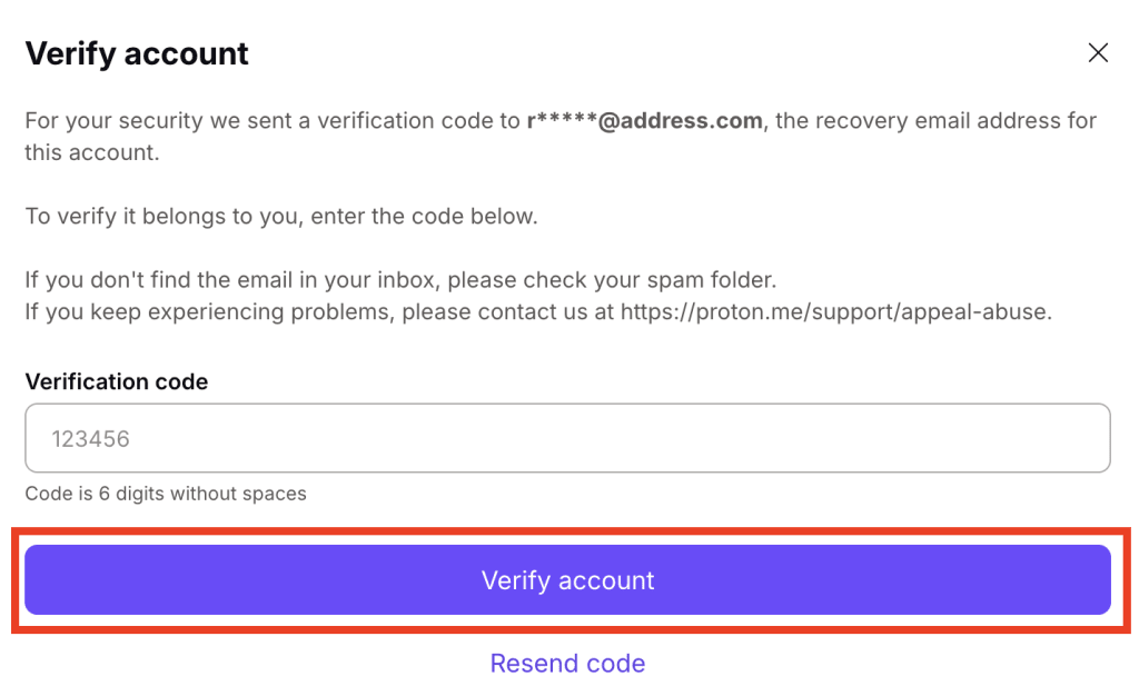 Verify your account with a code sent to your recovery email address or phone number