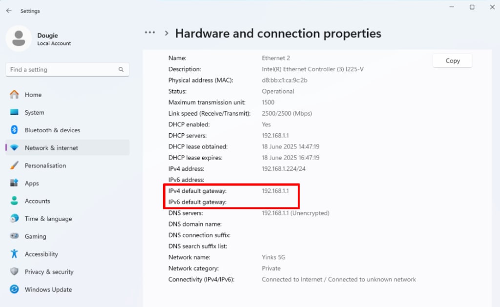 How to find default gateway on Windows 11