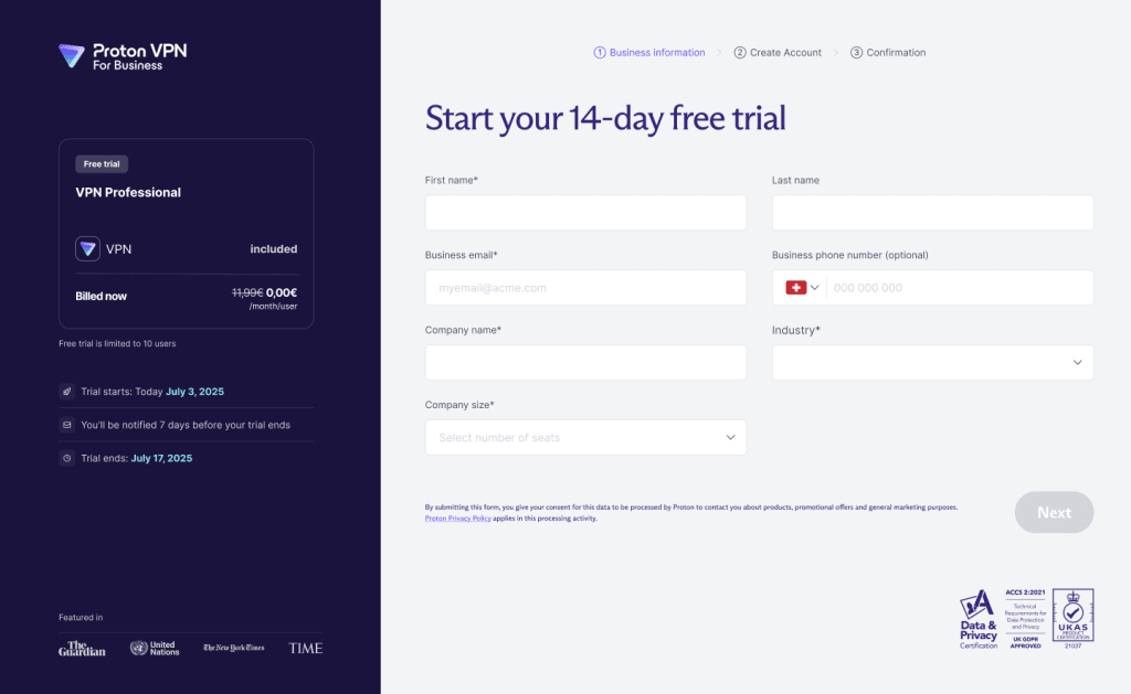 Proton VPN for Business free trial page