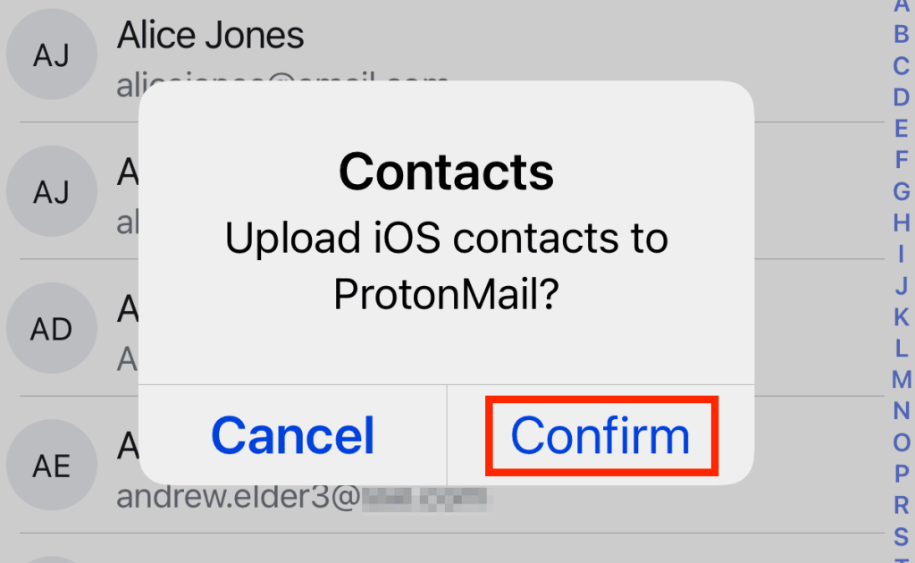 Button to confirm upload of contacts