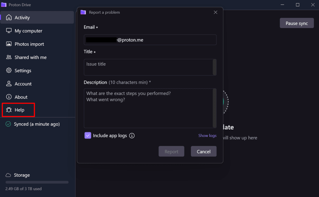 Report a bug from the Proton Drive Windows app