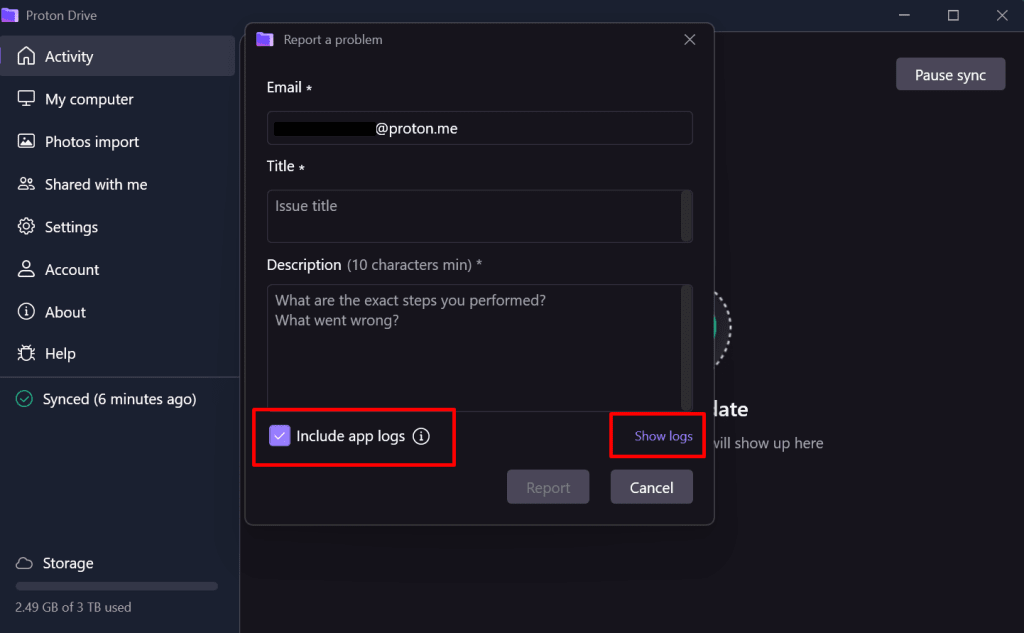 Share log files from the Proton Drive windows app.