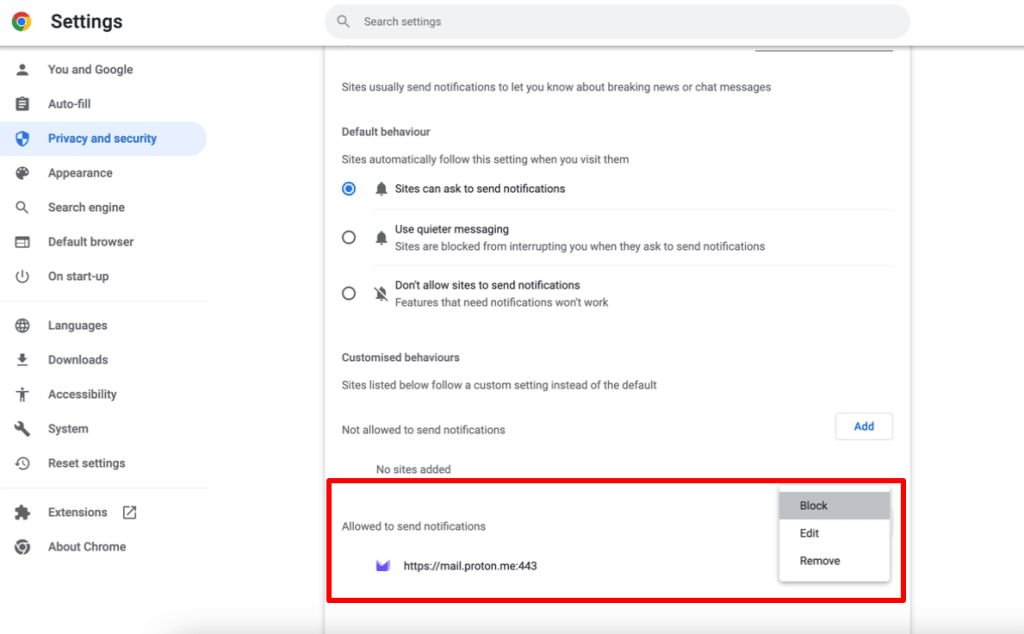 Notification settings in Chrome