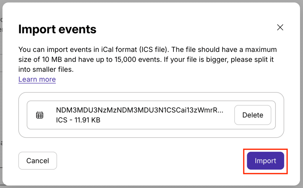 Proton Calendar shows how to import an event in ICS format