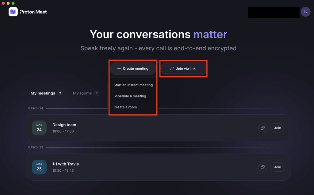 The dashboard of the Proton Meet desktop app