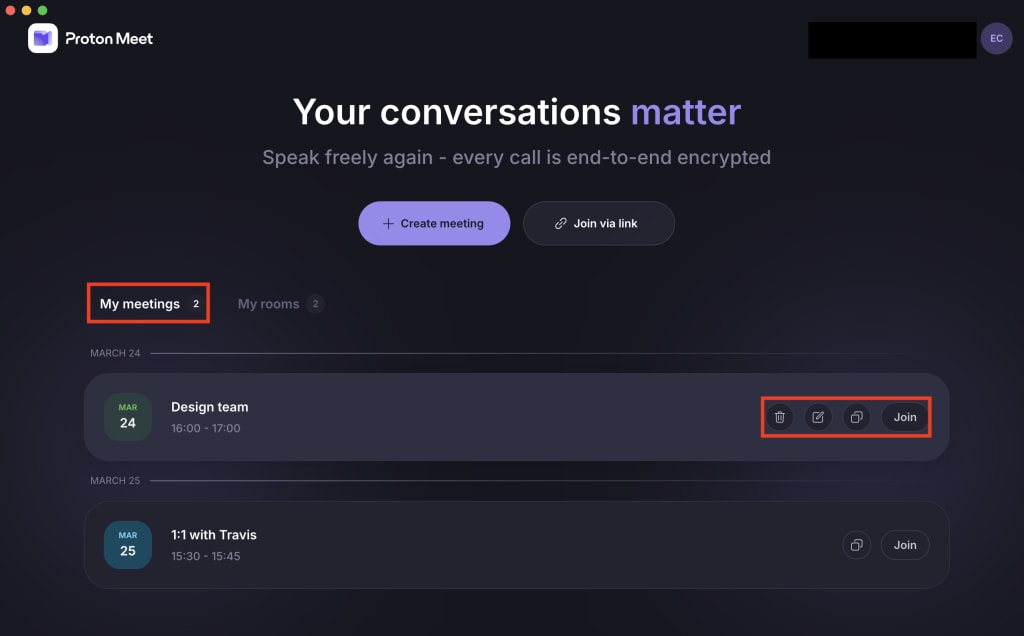 View and manage scheduled meetings in the Proton Meet desktop app