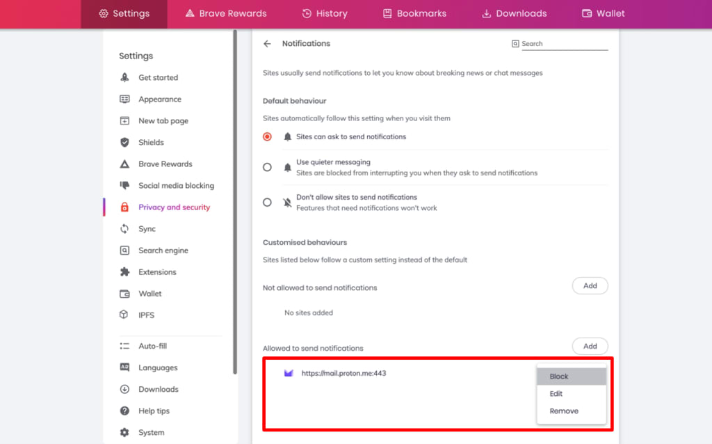 Notification settings in Brave