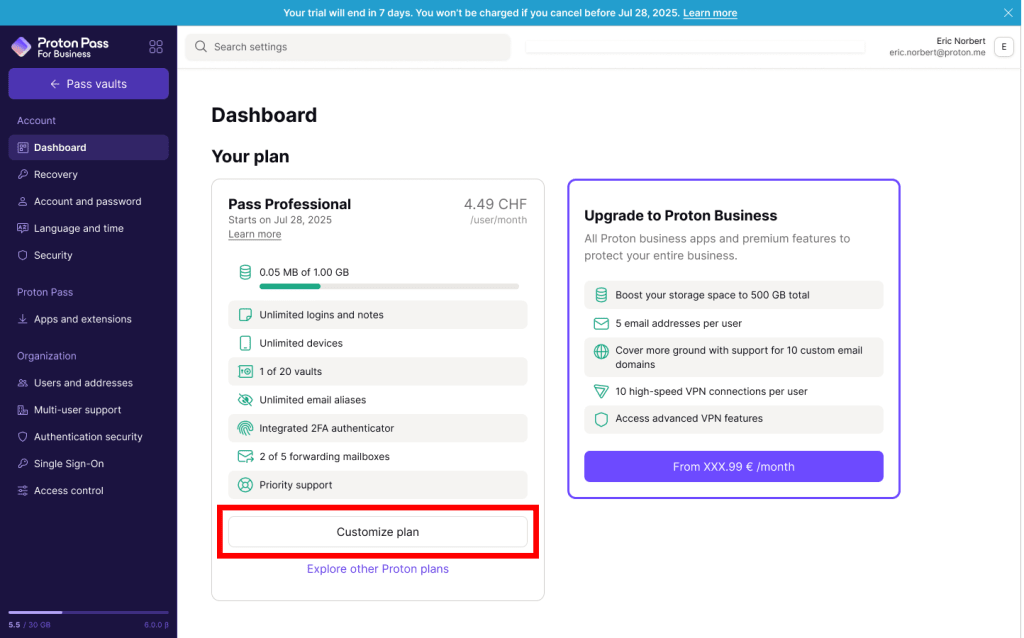Proton Account dashboard showing free trial plan with Customize plan button highlighted.