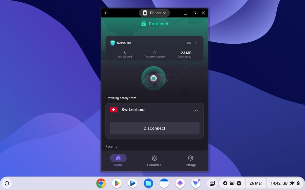Proton VPN running on a Chromebook
