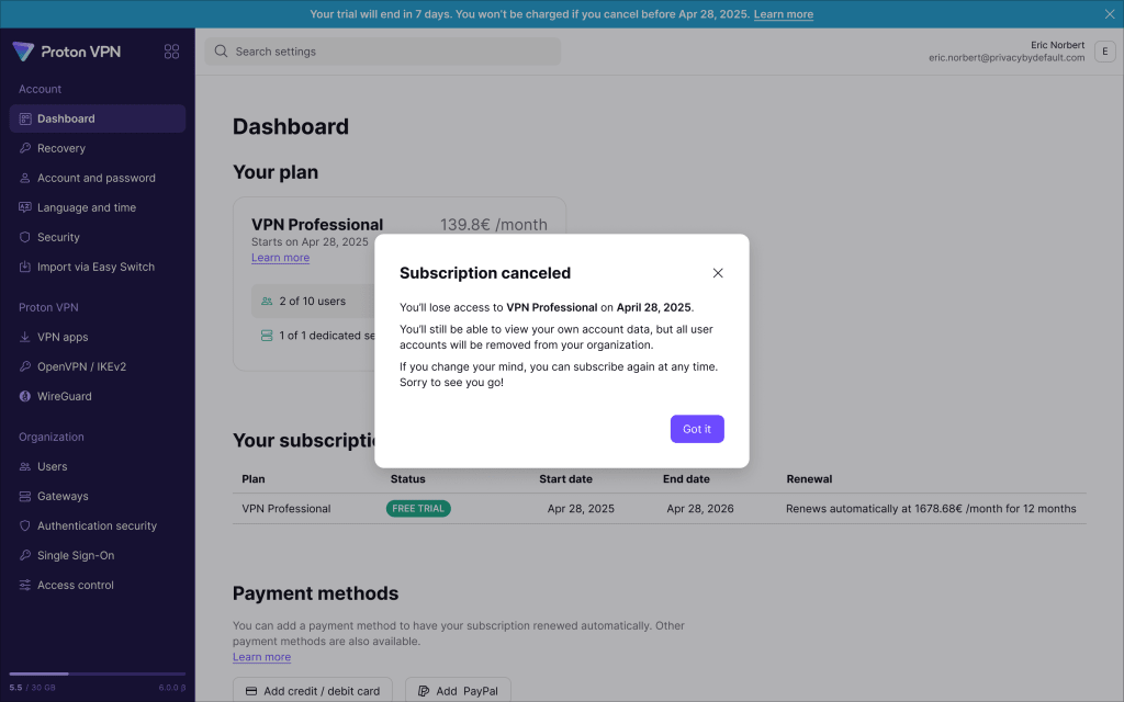 Proton Account VPN free trial popup saying Subscription canceled.