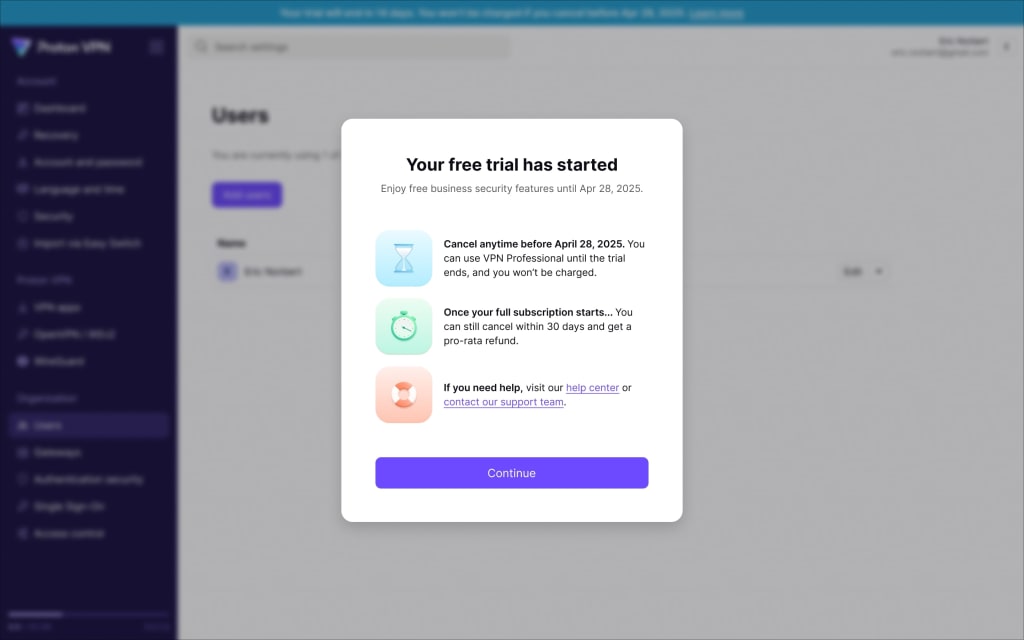 Proton VPN for Business popup saying your free trial has started.