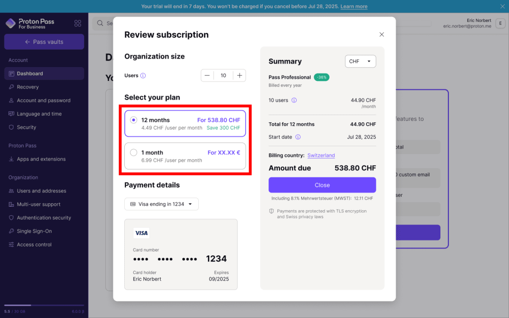 Proton Account free trial review subscription popup with plan card options highlighted.