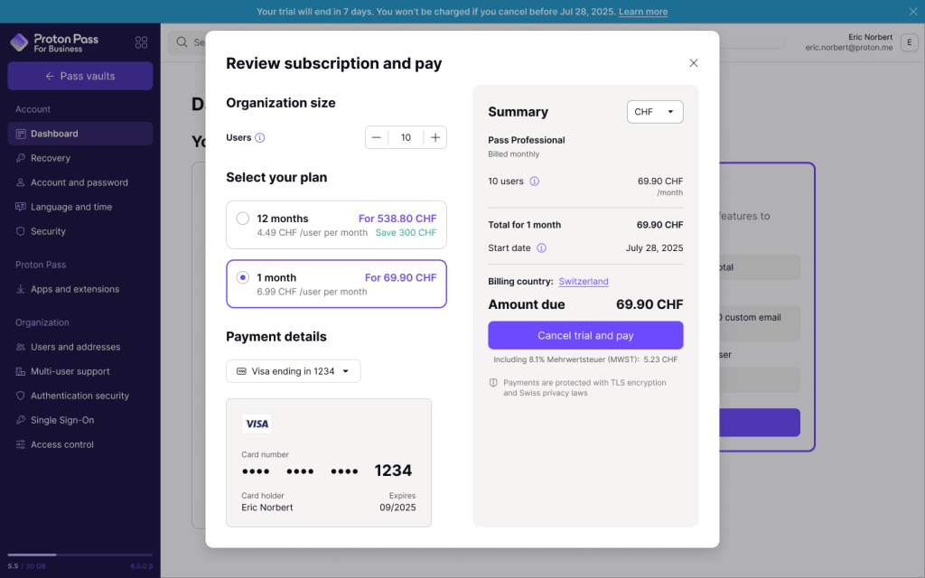 Proton Account free trial review subscription and pay popup.