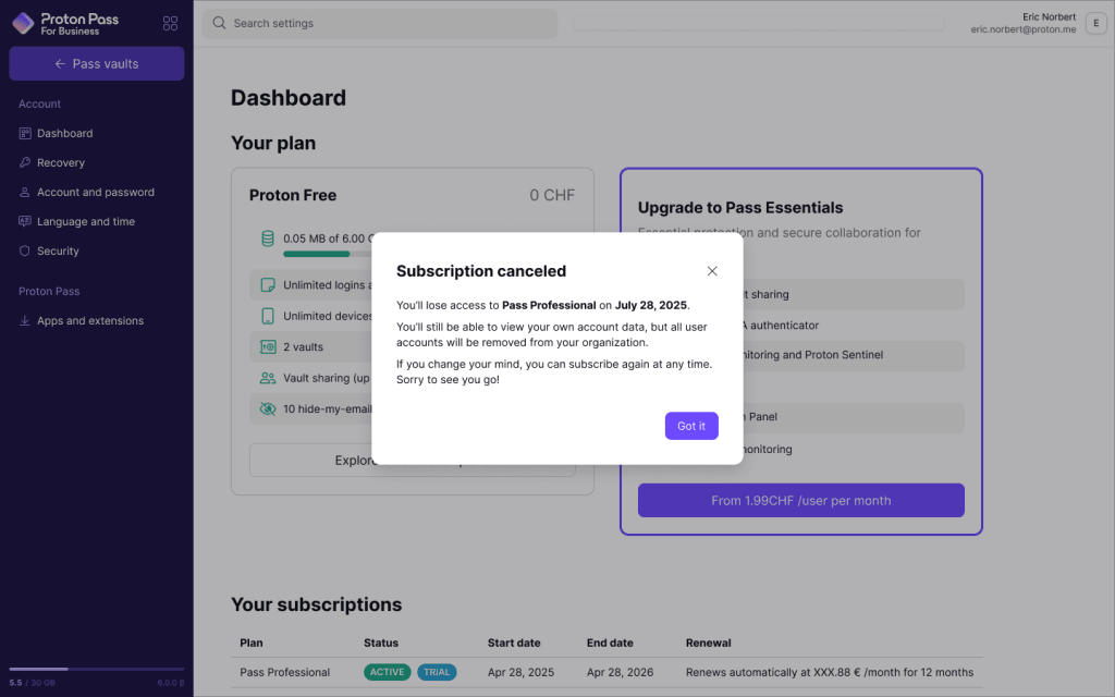 Proton Account free trial popup saying Subscription canceled.