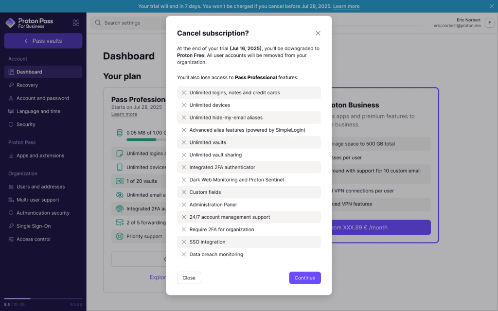 Proton Account free trial popup saying Cancel subscription.