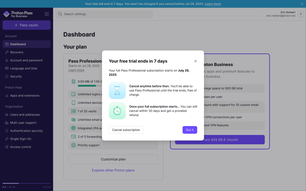 Proton Account free trial popup with text saying Your free trial ends in 7 days.