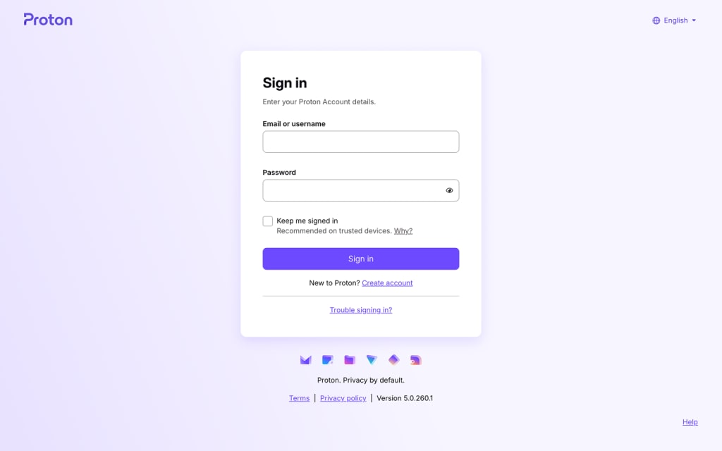 Proton Account sign in page.