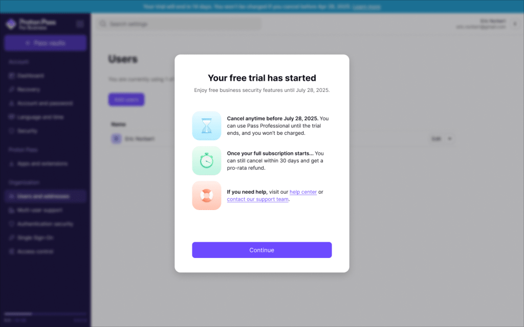 Proton for Business popup saying your free trial has started.