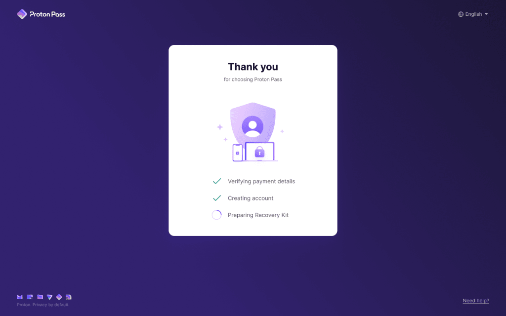 Proton Pass free trial thank you page.