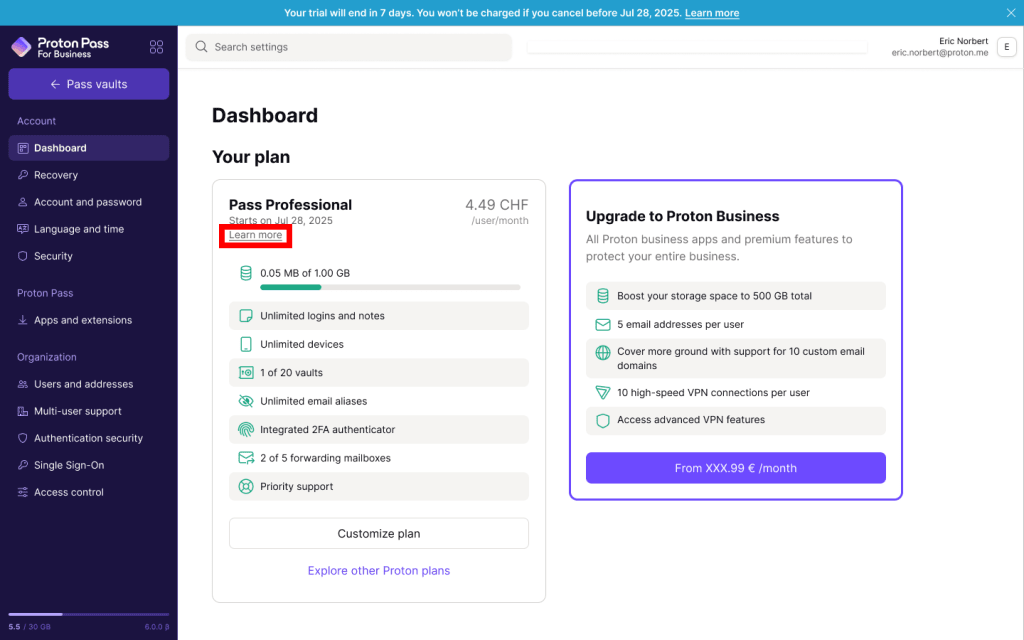 Proton Account dashboard showing free trial plan with Learn more button highlighted.