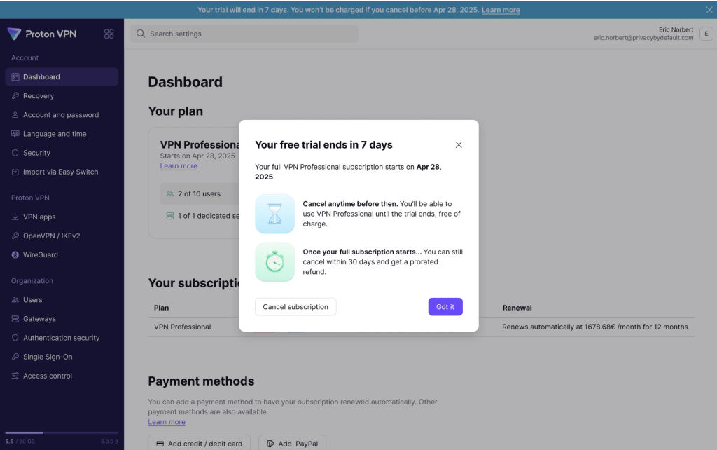 Proton Account for VPN free trial popup with text saying Your free trial ends in 7 days.