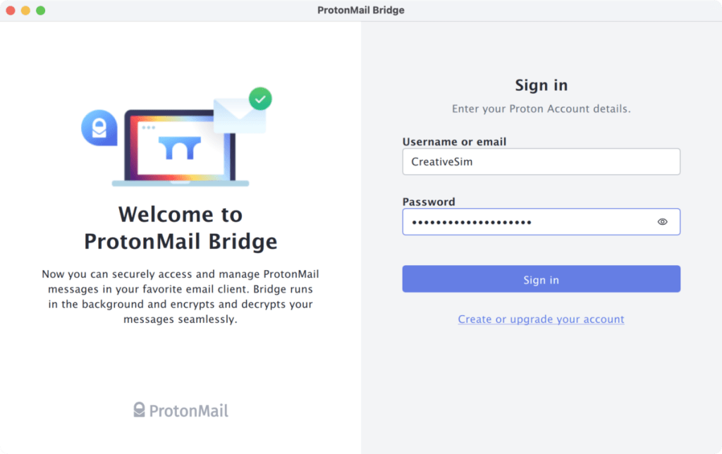 Schermata di benvenuto di Proton Mail Bridge