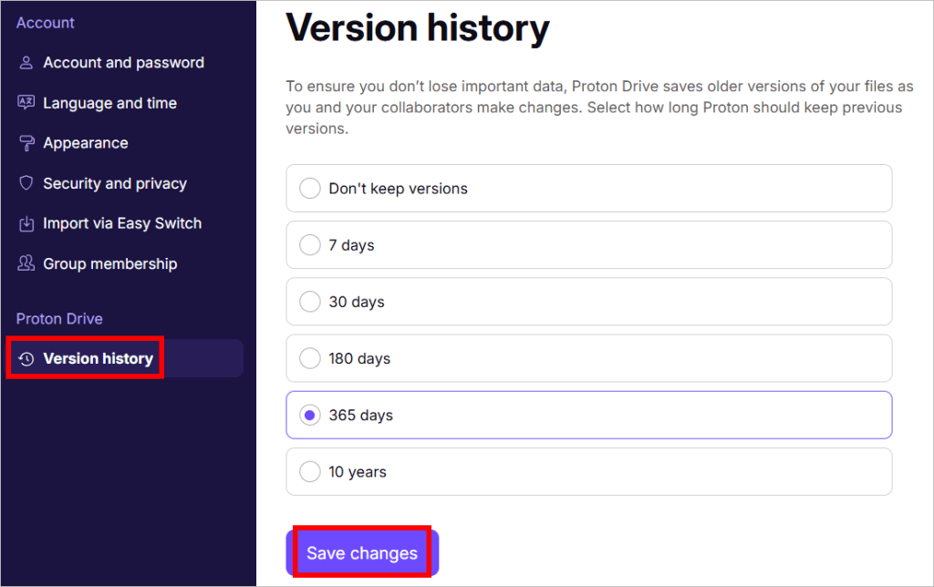 How to change version history settings in Proton Drive