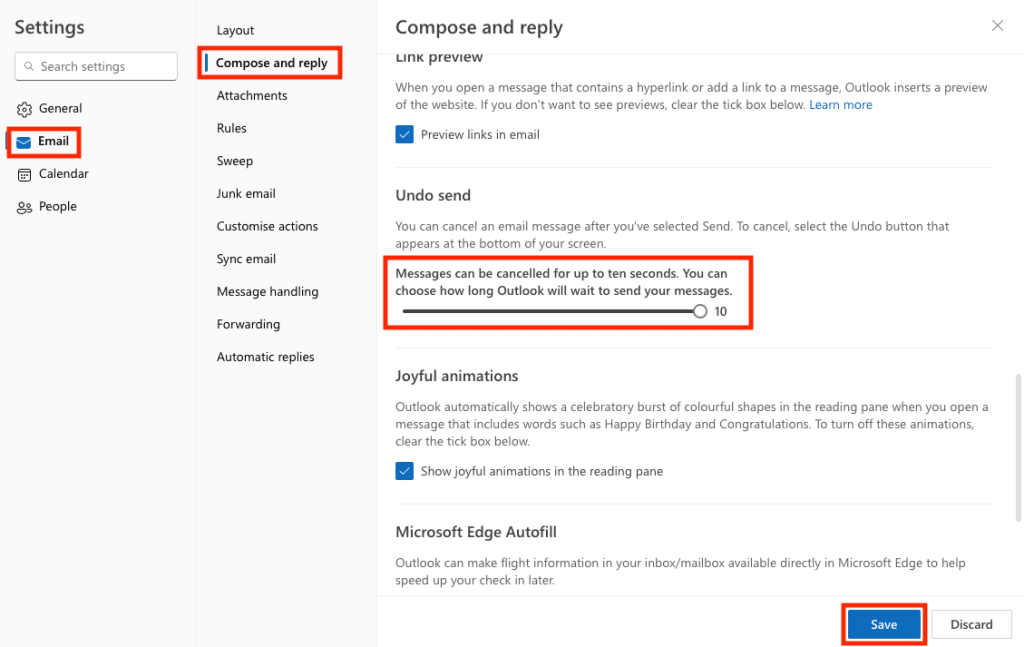 Undo send settings in Outlook to set the cancellation period to unsend an email