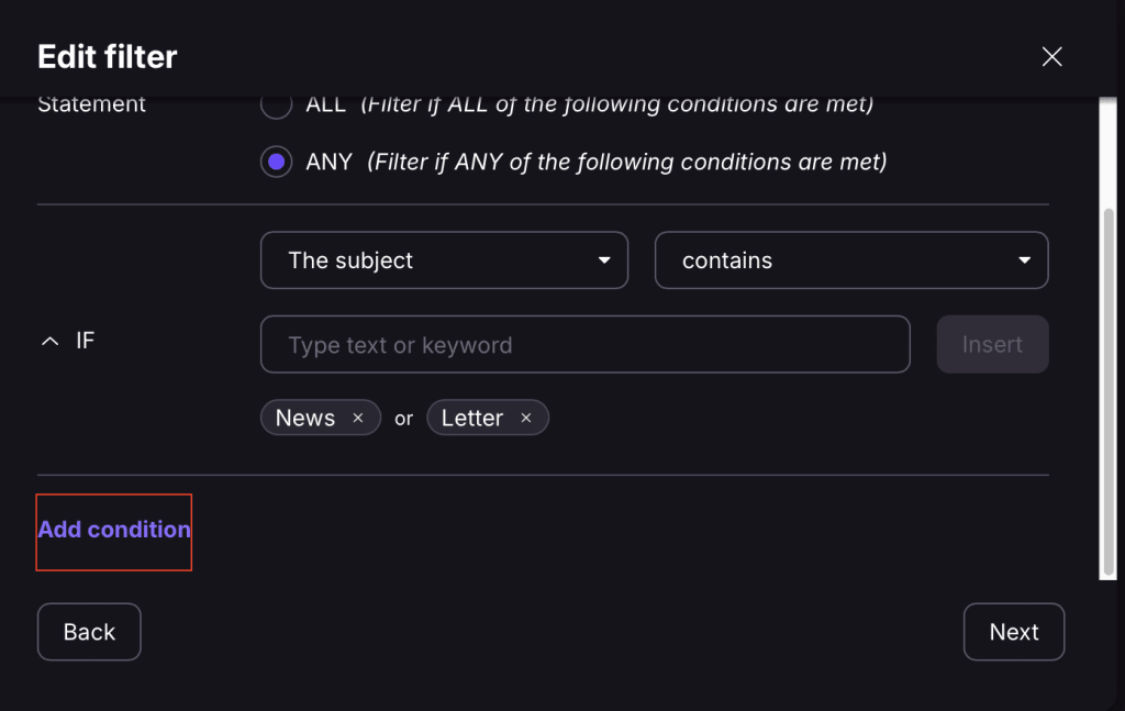 email filters add condition
