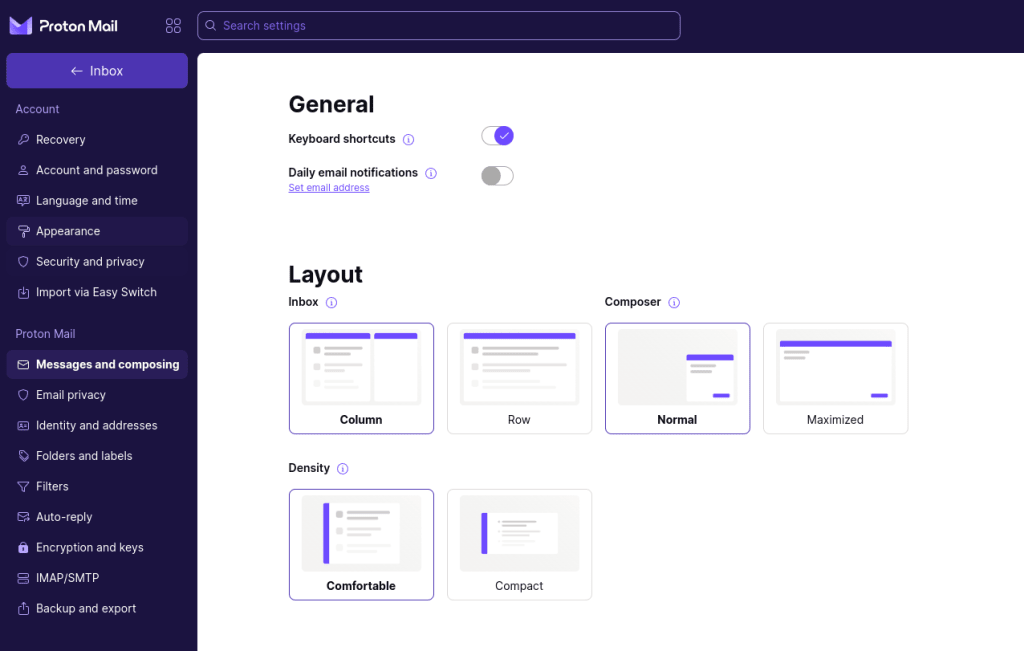 Inbox and composer layout options