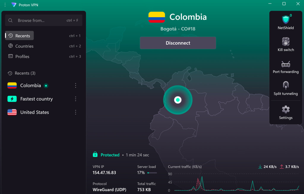 Connect to a Proton VPN server in Columbia on desktop