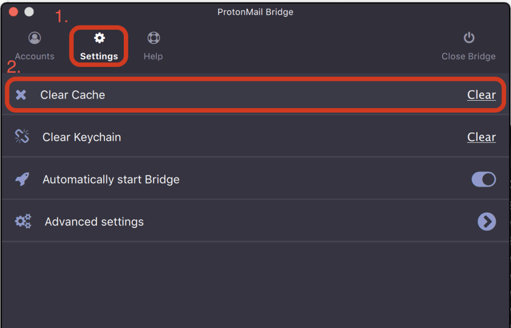 Screenshot of clearing Proton Bridge's cache.