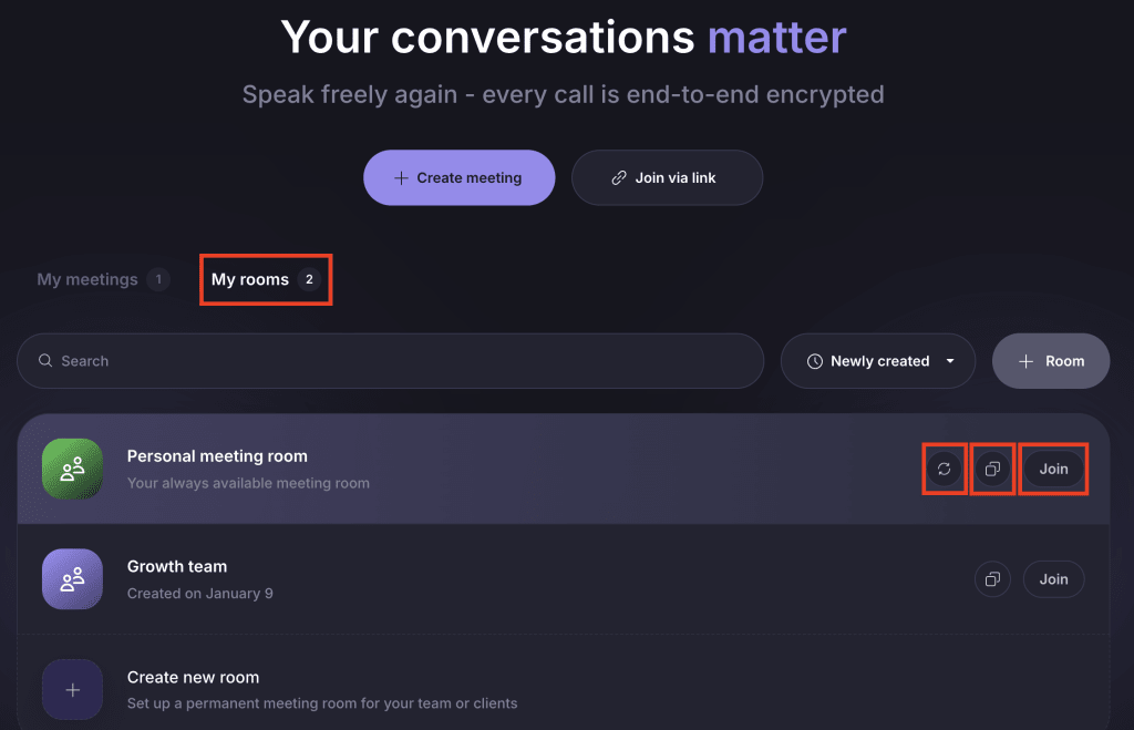 View your rooms on the Proton Meet web app or desktop app