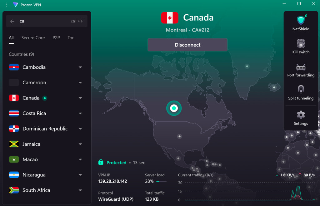 Screenshot of the Windows app connected to a server in Canada