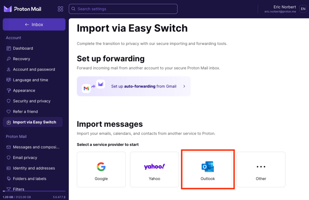 Import messages Outlook option