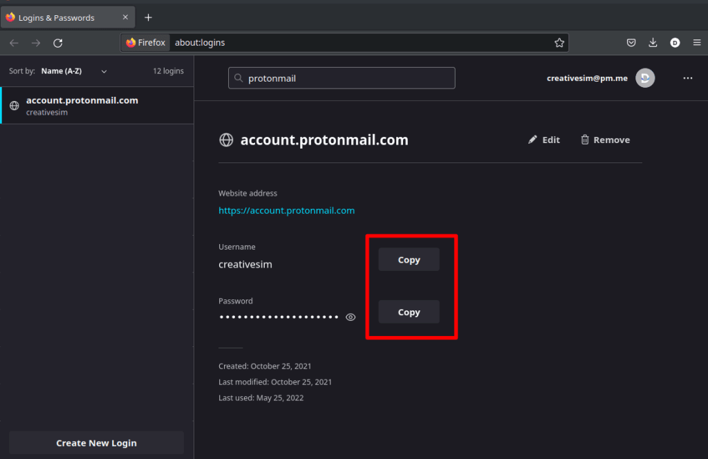 Find your Poton account and copy the username and password