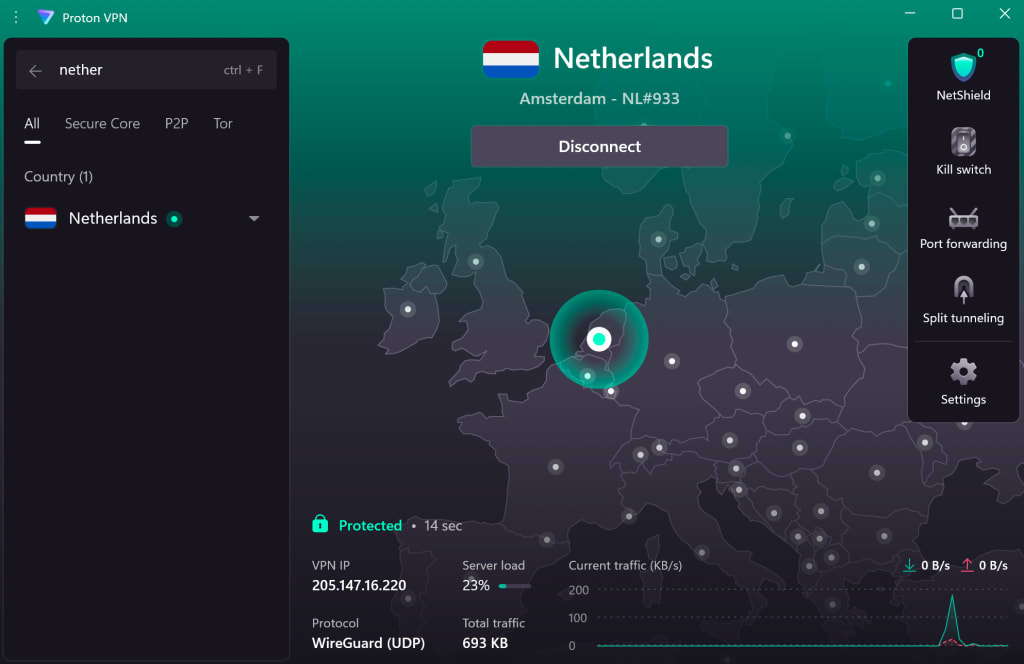 Screenshot of the Windows app connected to a server in the Netherlands